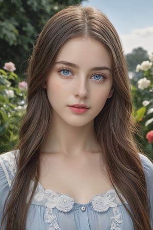 masterpiece, best quality, ultra-detailed, ultra high res, (photorealistic:1.4), raw photo, (realistic:0.2), 8k HDR, realistic lighting, 1girl, solo, looking at viewer, asymmetrical long hair, (detailed oily skin), blue eyes, (detailed face), (garden background :1.1), (upper body:1.2)
