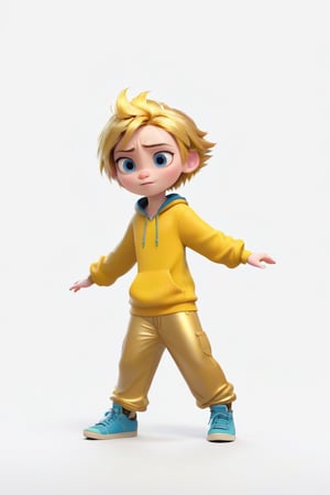 4D photographic image of full body image of a cute little chibi boy, surreal, gold hair, vivid colours octane renders trending on artstation, artistic photography, photorealistic concept art, soft natural volumetric cinematic perfect light, UHD white background, Dream House, Disney style, Disney Pixar style,score_9, modern Disney, yellow clothes, preparatory,disney pixar style. 