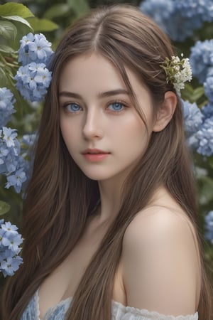 masterpiece, best quality, ultra-detailed, ultra high res, (photorealistic:1.4), raw photo, (realistic:0.2), 8k HDR, realistic lighting, 1girl, solo, looking at viewer, asymmetrical long hair, (detailed oily skin), blue eyes, (detailed face), (flower gardon background :1.1), (upper body:1.2)