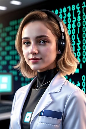 Working Women beautiful young lady 20 age standing talk perfect face eyes hair blonde mouth programmer hacker doctor ceo engineering dress  best quality 16k in Big Cyber rooms Data Ai core in CPU, ,photorealistic,Cartoon,LoRA