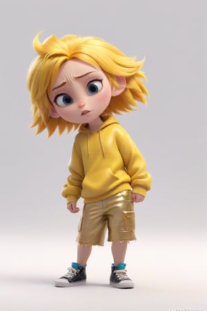 4d photographic image of full body image of a cute little chibi boy, surreal, gold hair, vivid colours octane render trending on artstation, artistic photography, photorealistic concept art, soft natural volumetric cinematic perfect light, UHD white background, Dream House, Disney style, Disney Pixar style,score_9, modern Disney, yellow clothes, preparatory,disney pixar style, cool pose. 