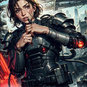(masterpiece),  best quality,  ultra detailed,  male cyberpunk  portraitart(armored soldier with full armor,  red glowing robotic camera eyes,  life-support hoses in chest,  bulky hi-tech cyberpunk with knight armor, without helmet, smiling, with a knife in the right hand, a paper in the left hand),DonM3l3m3nt4lXL,nodf_lora,comic book,Crazy face 
