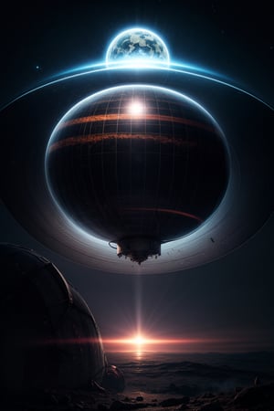giant circular bright sphere , blackened sky, massive sphere, robot derelict, silhouette, portal transport ship, beam starlight,


