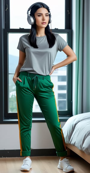 an alluring woman with straight black hair ,looking at the camera, standing by the room window, stunning good looks, headphones, perfect bedroom background, wide open window at the background, lighting, wearing a gray graphic shirt with green pants, masterpiece, UHD, full_body, full-body_portrait, fully_clothed, 