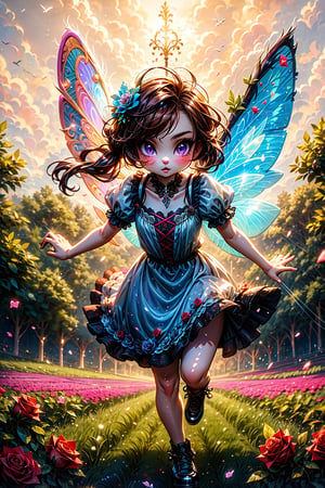 High quality, masterpiece, 1girl, sole_female, shiny long ligth brown hair in pig tails, violet_eyes, fairy girl, fairy dress, translucent fairy wings, running through a field of roses