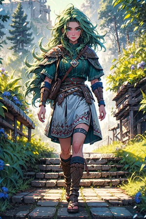 High quality, masterpiece, 1 girl, sole female, shiny dark green hair, blue_irises, full_body, viking, Viking women's clothing, walking through the steppes as soon as spring has arrived