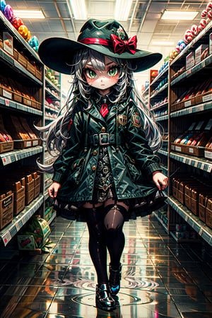 High quality, masterpiece, 1girl, sole_female, shiny long ligth silver hair, green_eyes, gothloli, walking through the aisles of a candy store, fancy_hat,