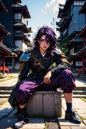 High quality, masterpiece, 1 boy, sole male, shiny dark purple hair, blue_irises, full_body, sitting in a futuristic japanese park, white armor