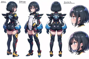 (Character Sheet), Three-view drawing, (Side View, Front View, Back View and a close up to face view), 1girl, black short hair, penguin-shaped mecha suit, fullbody