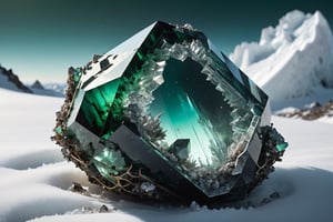A photorealistic image of a massive, otherworldly gem formed from rough, greenish crystals. The outer portion of the gem is encased in a dark, mottled meteorite stone. Embedded within the transparent core of the crystal are fragments of never-before-seen alien technology, featuring a blend of organic and mechanical components with glowing elements and intricate circuitry. Setting crashed landing in the vastness of snow forest, melted snow and crumbled ice on surrounding. The image is high quality and high resolution, with a focus on capturing the realistic textures and details of each element. The lighting is dramatic, highlighting the different aspects of the gem,Extremely Realistic