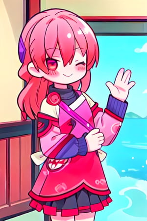 Tsukasa Smiling with her eyes closed and blushing And waving
