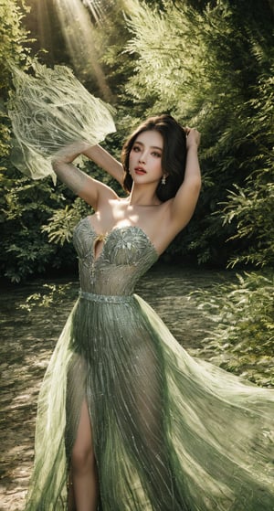 masterpiece, 8k, 1 girl - key lighting, lacy dress, detailed face, off the shoulders, dynamic movement, lakeside, sun rays, forest,Young beauty spirit 