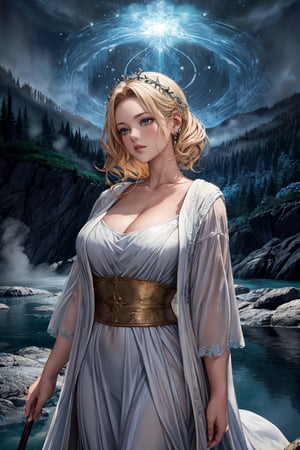 A beautiful Greek goddess in white robes practices magic on a starry night, by a charming lake, surrounded by a mysterious atmosphere and magical atmosphere, sparkling, glowing particles, mist. (Masterpiece, Top Quality, Best Quality, Official Art, Beauty and Aesthetic: 1.2), (1girl: 1.4), Upper Body, Blonde Hair, Portrait, Extremely Detailed, Fantasy Art, Complex Arcane Witchcraft Design,Seulgi,LODBG