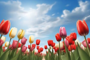 a flower garden, tulips, very realistic,  background_sky, cloulds
