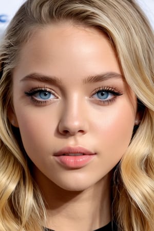 Ester Exposito Alla Bruletova Sydney Sweeney make women's mixed face , close-up of a woman with blonde hair, blonde and blue eyes, long blonde hair and big eyes, 17 years old, extremely beautiful one face,  portrait, very_big_lips, detailed ,