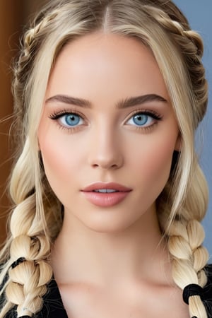 close-up of a woman with blonde hair, blonde braids and Heterochromia blue eyes, sydney sweeney, blonde hair and big eyes, dasha taran, blonde hair and blue eyes, long blonde hair and big eyes, face like ester exposito, 19 years old, extremely beautiful one face,  Alla Bruletova, 