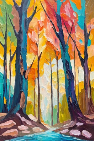 Looking up, in the big forest, through the tree trunks, flowing lines, splashing waves,, colorful, abstract,artistic oil painting stick