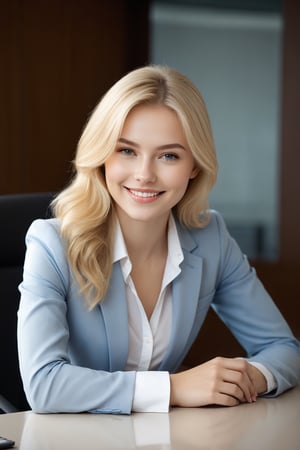 a digital portrait of a naturally beautiful young girl, 25 years blonde with a complexion reminiscent of pure porcelain, fullly matured. sitting on office desk in meeting , full size photo, Model,better photography, cute lovely smile, slightly flirty