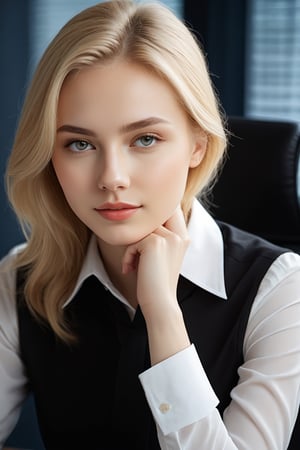 a digital portrait of a naturally beautiful young girl, 25 years blonde with a complexion reminiscent of pure porcelain, fullly matured. sitting on office desk in meeting , full size photo, Model,better photography