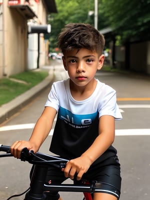 solo, looking at viewer, shirt, black hair, 1boy, short sleeves, male focus, outdoors, parted lips, shorts, day, blurry, black eyes, lips, black shirt, depth of field, blurry background, ground vehicle, child, realistic, road, riding, male child, street, bicycle, photo background,anepicboy