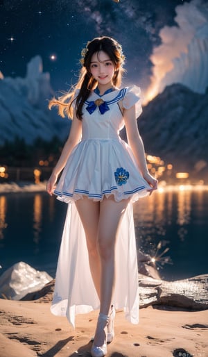(1girl, standing on the Milky Way, looking at viewer, dressed in sailormoon cosplay, open mouth,smile,comet), masterpiece, HDR, depth of field, wide view, raytraced, full length body, unreal, mystical, luminous, surreal, high resolution, sharp details, translucent, beautiful, stunning, a mythical being exuding energy, textures, breathtaking beauty, pure perfection, with a divine presence, unforgettable, and impressive.,tsukino usagi,ayaka_genshin,klee (genshin impact),DonMR31nd33r