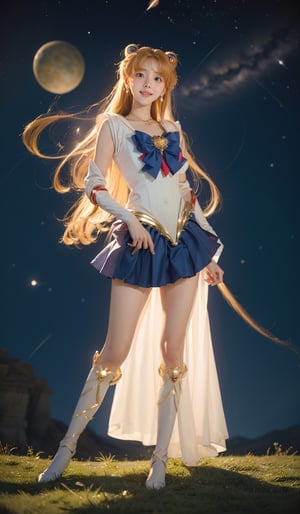 (1girl, standing on the Milky Way, looking at viewer, dressed in sailormoon cosplay, open mouth,smile,comet), masterpiece, HDR, depth of field, wide view, raytraced, full length body, unreal, mystical, luminous, surreal, high resolution, sharp details, translucent, beautiful, stunning, a mythical being exuding energy, textures, breathtaking beauty, pure perfection, with a divine presence, unforgettable, and impressive.,tsukino usagi
