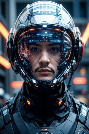 1boy, solo, realistic, science fiction, helmet, cable, cyberpunk, lips, portrait, head-mounted display, blurry, robot, depth of field, blurry background, closed mouth, screen, glowing, facing viewer