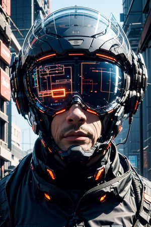 1boy, solo, realistic, science fiction, helmet, cable, cyberpunk, portrait, head-mounted display, closed mouth, screen, glowing, facing viewer