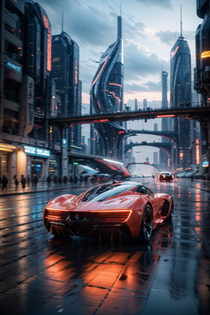 photorealistic, realistic, car, motor vehicle, vehicle focus, no humans, science fiction, aircraft, city, flying, scenery, road, motion blur, building, outdoors, helicopter, sky, cloud, realistic, night, skyscraper, cyberpunk