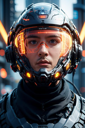 1boy, solo, realistic, science fiction, helmet, cable, cyberpunk, lips, portrait, head-mounted display, blurry, robot, depth of field, blurry background, closed mouth, screen, glowing, facing viewer
