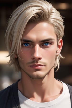 Tall, handsome, athletic, statuesque, courageous adult man, platinum blonde with blue eyes, long straight platinum hair, straight nose with a hump, high cheekbones, strong-willed chin, forehead hidden by long platinum bangs, dressed in an olive-colored T-shirt. Masterpiece, detailed study of the face, beautiful face, beautiful facial features, perfect image, realistic shots, detailed study of faces, full-length image, 8k, detailed image, extremely detailed illustration, a real masterpiece of the highest quality, with careful drawing. detailed eyes, beautiful face, blue eyes, handsome blond male, handsome male, platinum_blonde_hair, white hair, clean-shaven face, wrenchftmfshn smooth face. smooth facial skin, no facial hair, no facial hair, wrenchftmfshn, 