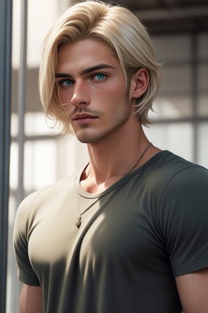 Tall, handsome, athletic, statuesque, courageous adult man, platinum blonde with green eyes, long straight platinum hair, straight nose with a hump, high cheekbones, strong-willed chin, forehead hidden by long platinum bangs, dressed in an olive-colored T-shirt. Masterpiece, detailed study of the face, beautiful face, beautiful facial features, perfect image, realistic shots, detailed study of faces, full-length image, 8k, detailed image, extremely detailed illustration, a real masterpiece of the highest quality, with careful drawing. detailed eyes, beautiful face, blue eyes, handsome blond male, handsome male, platinum_blonde_hair, white hair, clean-shaven face, wrenchftmfshn smooth face. smooth facial skin, no facial hair, no facial hair, wrenchftmfshn, 
