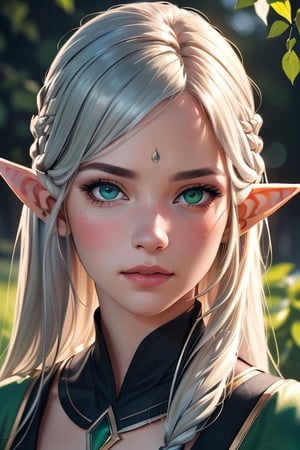 A beautiful elf with long platinum hair and green eyes, A beautiful elf with long platinum hair and green eyes. neat elf ears. Masterpiece, perfect image, realistic pictures, detailed face study, full-length image, 8k, detailed image. extremely detailed illustration, a real masterpiece of the highest quality, with careful drawing. Elf,score_9