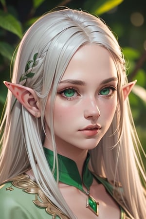 A beautiful elf with long platinum hair and green eyes, A beautiful elf with long platinum hair and green eyes. neat elf ears. Masterpiece, perfect image, realistic pictures, detailed face study, full-length image, 8k, detailed image. extremely detailed illustration, a real masterpiece of the highest quality, with careful drawing. Elf,score_9