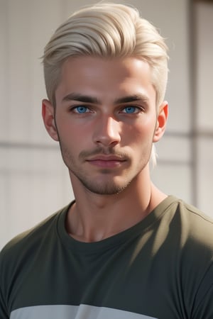 Tall, handsome, athletic, statuesque, courageous adult man, platinum blonde with blue eyes, long straight platinum hair, straight nose with a hump, high cheekbones, strong-willed chin, forehead hidden by long platinum bangs, dressed in an olive-colored T-shirt. Masterpiece, detailed study of the face, beautiful face, beautiful facial features, perfect image, realistic shots, detailed study of faces, full-length image, 8k, detailed image, extremely detailed illustration, a real masterpiece of the highest quality, with careful drawing. detailed eyes, beautiful face, blue eyes, handsome blond male, handsome male, platinum_blonde_hair, white hair, clean-shaven face, wrenchftmfshn smooth face. smooth facial skin, no facial hair, no facial hair, wrenchftmfshn, 