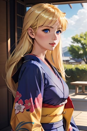 An incredibly beautiful young femme fatale is a golden-haired blonde with long hair and blue eyes, dressed in traditional kimono. Masterpiece, perfect image, realistic shots, detailed study of the face, full-length image, 8k, detailed image. extremely detailed illustration, a real masterpiece of the highest quality, with careful drawing.,1woman,blonde hair,blue eyes, sailor Venus sv1,sv1,kimono, in full growth