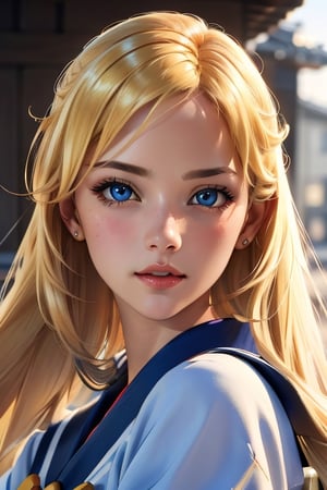 An incredibly beautiful young femme fatale is a golden-haired blonde with long hair and blue eyes, dressed in traditional kimono. Masterpiece, perfect image, realistic shots, detailed study of the face, full-length image, 8k, detailed image. extremely detailed illustration, a real masterpiece of the highest quality, with careful drawing.,1woman,blonde hair,blue eyes,sailor Venus sv1