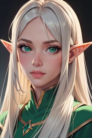 A beautiful elf with long platinum hair and green eyes, A beautiful elf with long platinum hair and green eyes. neat elf ears. Masterpiece, perfect image, realistic pictures, detailed face study, full-length image, 8k, detailed image. extremely detailed illustration, a real masterpiece of the highest quality, with careful drawing. Elf