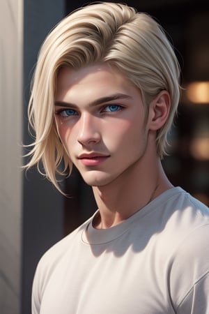 A tall, handsome, athletic, statuesque, courageous young male, platinum blond with blue eyes, long straight platinum hair combed back, wearing jeans and an olive-colored T-shirt. Masterpiece, detailed study of the face, beautiful face, beautiful facial features, perfect image, realistic shots, detailed study of faces, full-length image, 8k, detailed image, extremely detailed illustration, a real masterpiece of the highest quality, with careful drawing. detailed eyes, beautiful face, blue eyes, cute blond male,handsome male