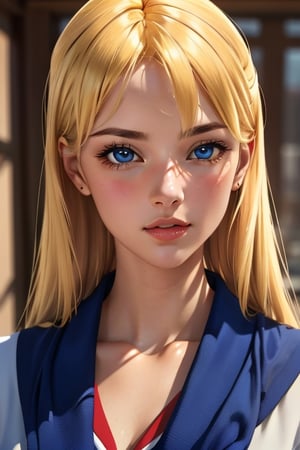 An incredibly beautiful young femme fatale is a golden-haired blonde with long hair and blue eyes, dressed in traditional kimono. Masterpiece, perfect image, realistic shots, detailed study of the face, full-length image, 8k, detailed image. extremely detailed illustration, a real masterpiece of the highest quality, with careful drawing.,1woman,blonde hair,blue eyes, sailor Venus sv1