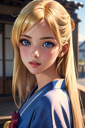 An incredibly beautiful young femme fatale is a golden-haired blonde with long hair and blue eyes, dressed in traditional kimono. Masterpiece, perfect image, realistic shots, detailed study of the face, full-length image, 8k, detailed image. extremely detailed illustration, a real masterpiece of the highest quality, with careful drawing.,1woman,blonde hair,blue eyes,sailor Venus sv1