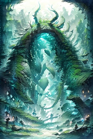 Official Art, Unity 8K Wallpaper, Extreme Detailed, Beautiful and Aesthetic, Masterpiece, Top Quality, perfect anatomy, a beautifully drawn (((ink illustration))) depicting, integrating elements of calligraphy, vintage, teal and green accents, watercolor painting, concept art, (best illustration), (best shadow), Analog Color Theme, vivid colours, contrast, smooth, sharp focus, scenery,

Amidst the mist-shrouded ruins of a mythological wild lost civilization in an anime, a forgotten beast of immense power rises from the overgrown foliage. The image, a detailed digital painting, expertly captures the creature's majestic yet fearsome presence. Its ancient scales shimmer with iridescent hues of emerald and sapphire, while its piercing gaze seems to hold untold wisdom and ancient secrets. The intricate design of its mythical horns and talons speaks of a bygone era of magic and wonder, drawing viewers into a realm of imagination and mystery..,more detail XL,(Pencil_Sketch:1.2