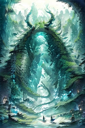 Official Art, Unity 8K Wallpaper, Extreme Detailed, Beautiful and Aesthetic, Masterpiece, Top Quality, perfect anatomy, a beautifully drawn (((ink illustration))) depicting, integrating elements of calligraphy, vintage, teal and green accents, watercolor painting, concept art, (best illustration), (best shadow), Analog Color Theme, vivid colours, contrast, smooth, sharp focus, scenery,

Amidst the mist-shrouded ruins of a mythological wild lost civilization in an anime, a forgotten beast of immense power rises from the overgrown foliage. The image, a detailed digital painting, expertly captures the creature's majestic yet fearsome presence. Its ancient scales shimmer with iridescent hues of emerald and sapphire, while its piercing gaze seems to hold untold wisdom and ancient secrets. The intricate design of its mythical horns and talons speaks of a bygone era of magic and wonder, drawing viewers into a realm of imagination and mystery..,more detail XL,(Pencil_Sketch:1.2