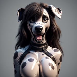 female, human dalmation, black chocker, full_body, mouth_open, (living_inflatable)