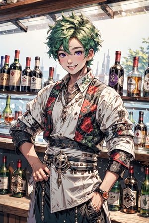 High quality, masterpiece, 1boy, sole_male, , brigth_purple_eyes, short green hair combed back, eyesgod, viking, waiter's outfit with sleeves rolled up, behind a drinks bar, a display case full of alcohol bottles in the background, a friendly smile