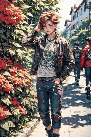 High quality, masterpiece, 1boy, sole_male, , brigth_blue_eyes, eyesgod, viking, short red military style hair, military jacket, t-shirt, work pants, combat boots, walking in a bougainvillea park