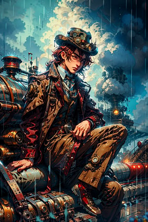 High quality, masterpiece, 1 boy, sole male, shiny dark red hair, blue_irises, steampunk suit, hat, sitting on top of a steampunk style locomotive, falling rain and thunder