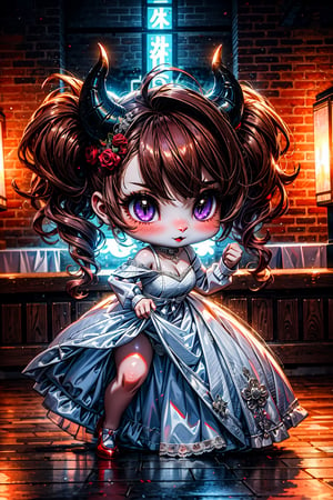 High quality, masterpiece, 1girl, sole_female, shiny long ligth brown hair in pig tails, violet_eyes, oni girl,  wedding dress, dancing at a desolate and gloomy wedding banquet, full_body, devil_horns