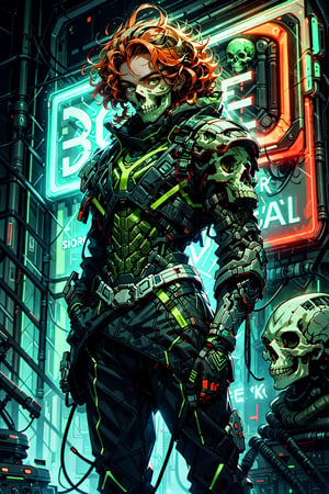 High quality, masterpiece, 1 boy, sole male, shiny curly orange hair, green_irises, cynerskull armor, standing and spreading his arms to the sides in front of a neon sign