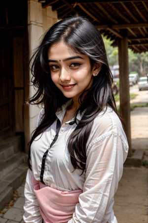 beautiful cute young attractive indian teenage girl, village girl, 18 years old, cute,  Instagram model, long black_hair, colorful hair, warm, dacing,working at office ,white shirt, indian,Detailedface,Indian,smiling